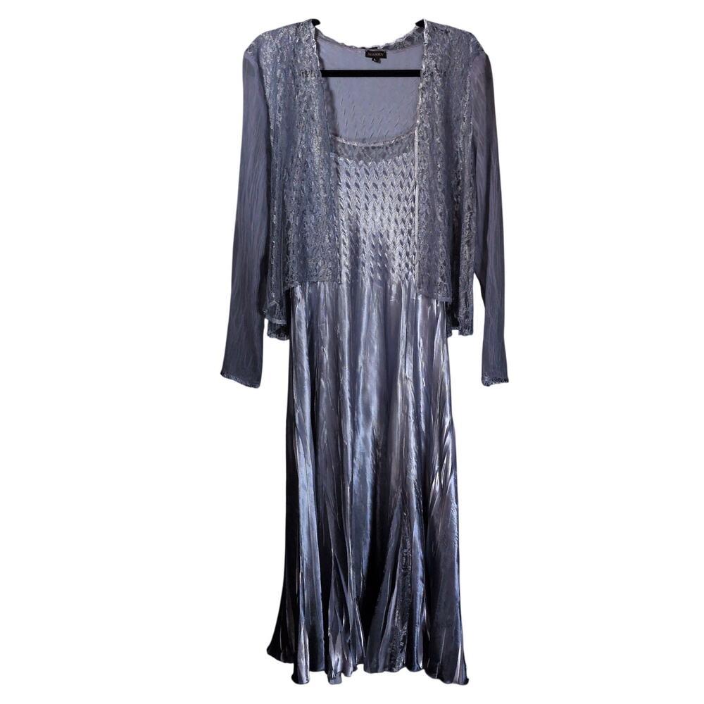 Komarov Purple Satin Lace Pleated Scrunch Sleeveless Slip Maxi Dress Set Large